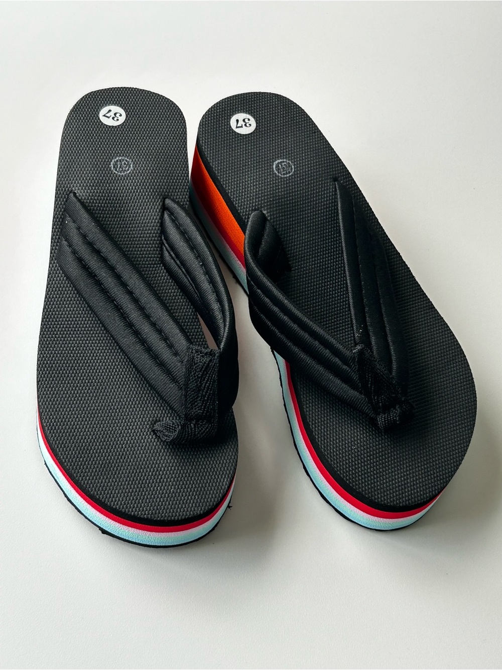 New Platform Flip Flops EU 37 US 6.5-7 UK 4-4.5 Black Rainbow Stripe Sandals